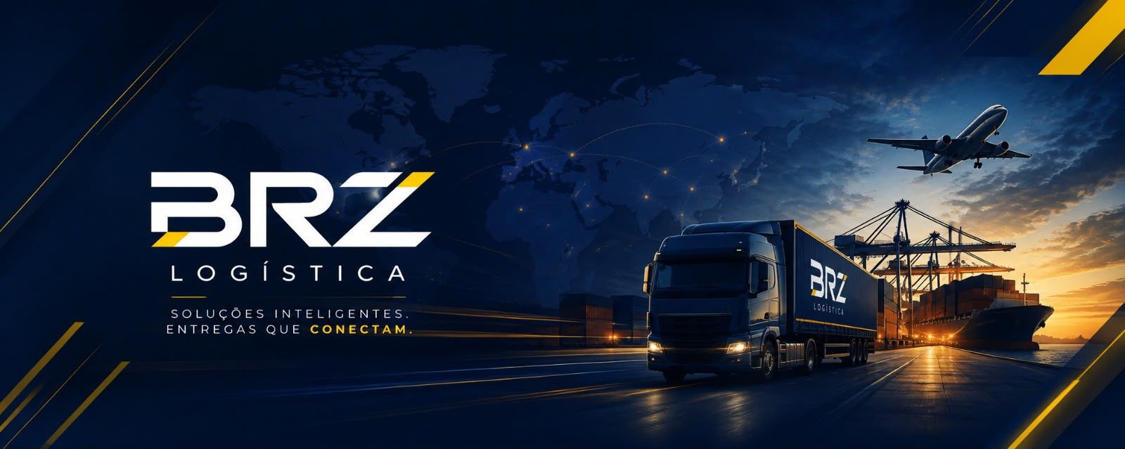 BRZ Logística — Soluções inteligentes. Entregas que conectam. Caminhão BRZ em terminal logístico ao entardecer.